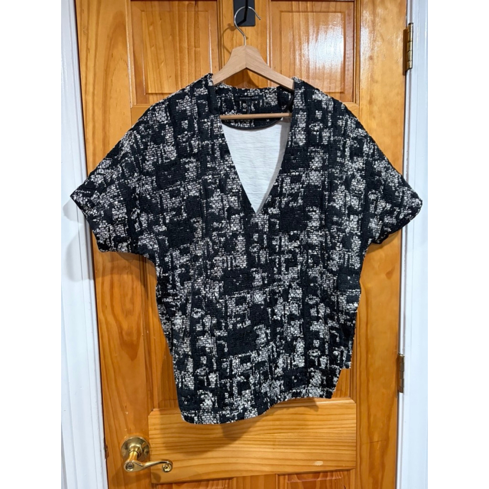 Marissa Webb Black White Textured Tweed V Neck Short Sleeve Top Size S Made NY